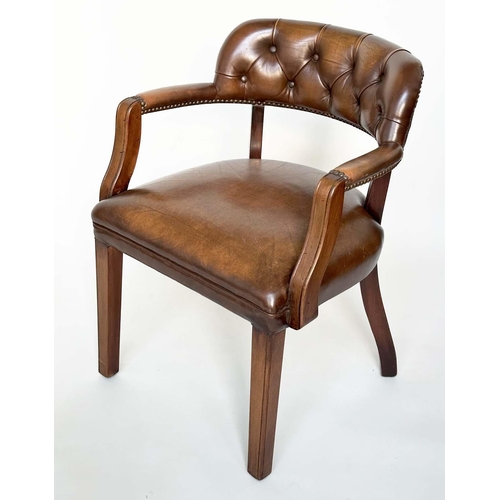 151 - ARMCHAIRS, a pair, mahogany and deep buttoned mid brown natural leather upholstered with curved back... 