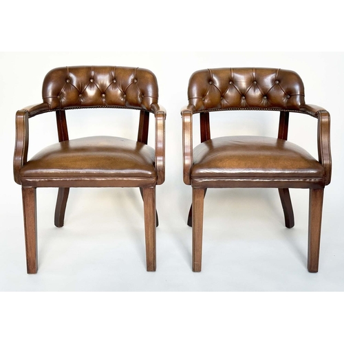 151 - ARMCHAIRS, a pair, mahogany and deep buttoned mid brown natural leather upholstered with curved back... 