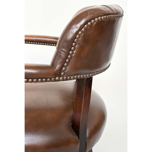 151 - ARMCHAIRS, a pair, mahogany and deep buttoned mid brown natural leather upholstered with curved back... 