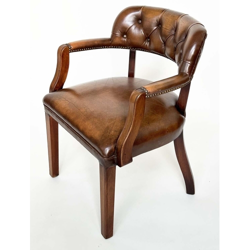 151 - ARMCHAIRS, a pair, mahogany and deep buttoned mid brown natural leather upholstered with curved back... 