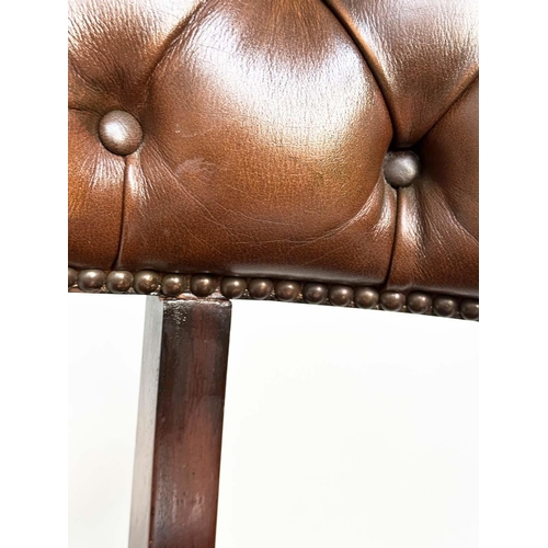 151 - ARMCHAIRS, a pair, mahogany and deep buttoned mid brown natural leather upholstered with curved back... 