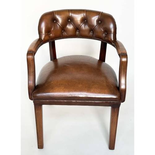 151 - ARMCHAIRS, a pair, mahogany and deep buttoned mid brown natural leather upholstered with curved back... 