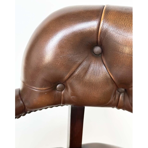 151 - ARMCHAIRS, a pair, mahogany and deep buttoned mid brown natural leather upholstered with curved back... 