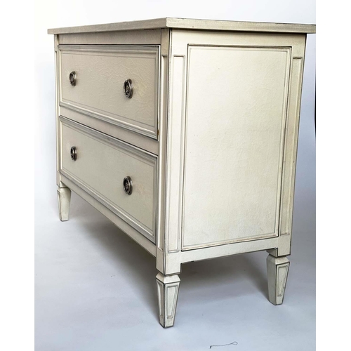 154 - COMMODE, Gustavian style traditionally grey painted with two long drawers and stile supports, 110cm ... 