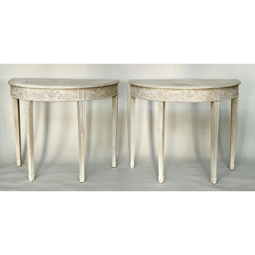 156 - CONSOLE TABLES, a pair, George III design demi lune grey painted each with carved frieze and square ... 