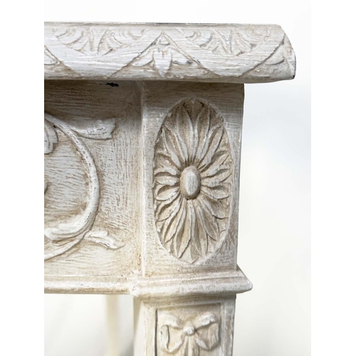 156 - CONSOLE TABLES, a pair, George III design demi lune grey painted each with carved frieze and square ... 