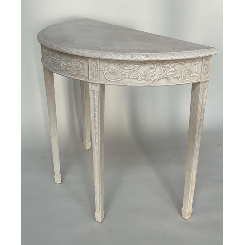 156 - CONSOLE TABLES, a pair, George III design demi lune grey painted each with carved frieze and square ... 