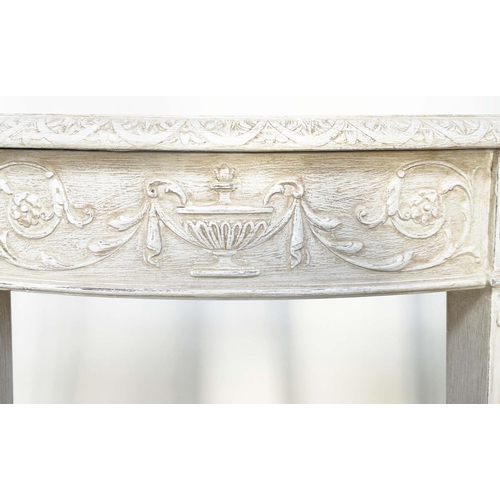 156 - CONSOLE TABLES, a pair, George III design demi lune grey painted each with carved frieze and square ... 