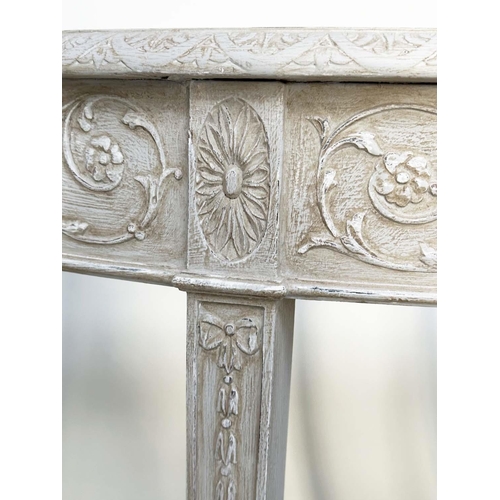 156 - CONSOLE TABLES, a pair, George III design demi lune grey painted each with carved frieze and square ... 