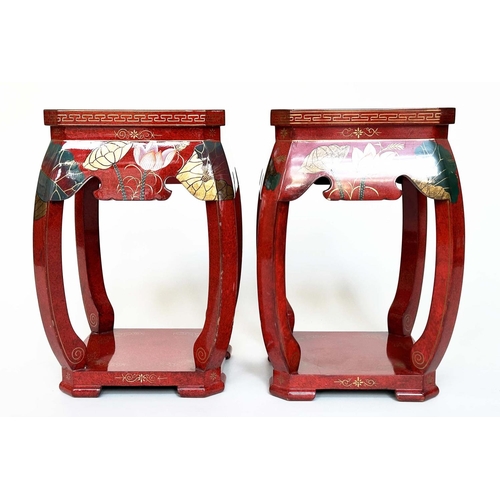 159 - LAMP TABLES, a pair, Chinese scarlet lacquered with all over gilt and polychrome flower and birds, 2... 