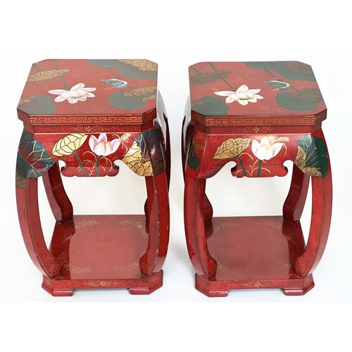 159 - LAMP TABLES, a pair, Chinese scarlet lacquered with all over gilt and polychrome flower and birds, 2... 