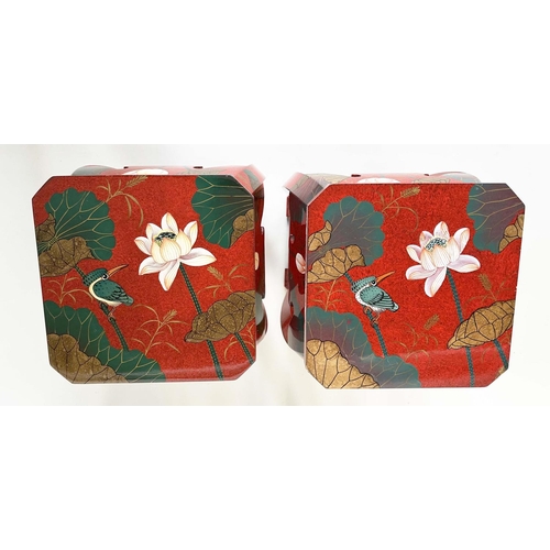 159 - LAMP TABLES, a pair, Chinese scarlet lacquered with all over gilt and polychrome flower and birds, 2... 