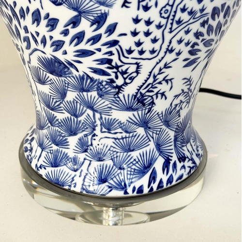 161 - TABLE LAMPS, a pair, Chinese blue and white ceramic of lidded vase form, stylised foliage and lucite... 