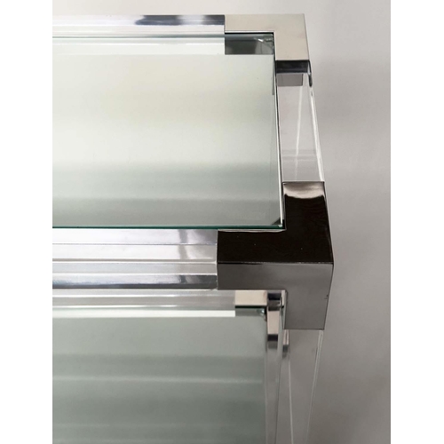 290 - LUCITE CONSOLE TABLE, rectangular with chromium corners and two tier glass, 150cm x 40cm D x 75cm H.