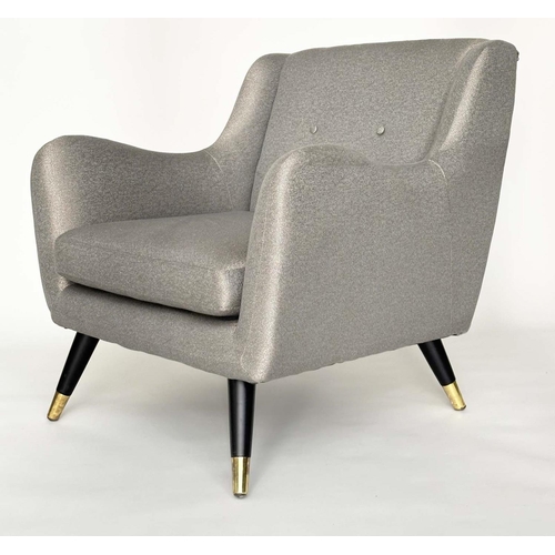 291 - HOOPER ARMCHAIRS, a pair, 1960s style with silver grey upholstery and outswept brass capped, togethe... 