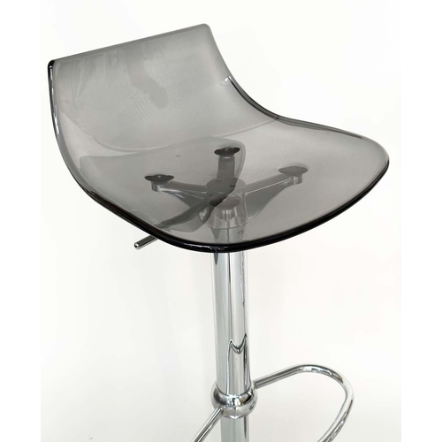 293 - BAR STOOLS, a pair, contemporary each with shaped lucite seat raised on pump action, chromium revolv... 