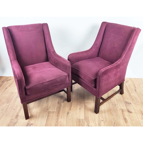 314 - ARMCHAIRS, a pair, each 62cm x 99cm H in claret fabric upholstery. (2)