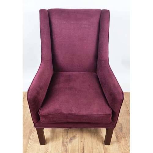 314 - ARMCHAIRS, a pair, each 62cm x 99cm H in claret fabric upholstery. (2)