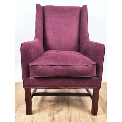 314 - ARMCHAIRS, a pair, each 62cm x 99cm H in claret fabric upholstery. (2)