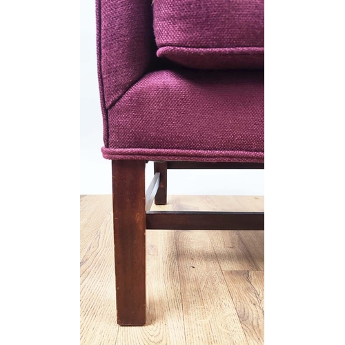 314 - ARMCHAIRS, a pair, each 62cm x 99cm H in claret fabric upholstery. (2)