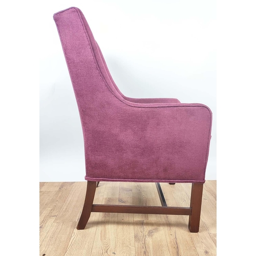 314 - ARMCHAIRS, a pair, each 62cm x 99cm H in claret fabric upholstery. (2)