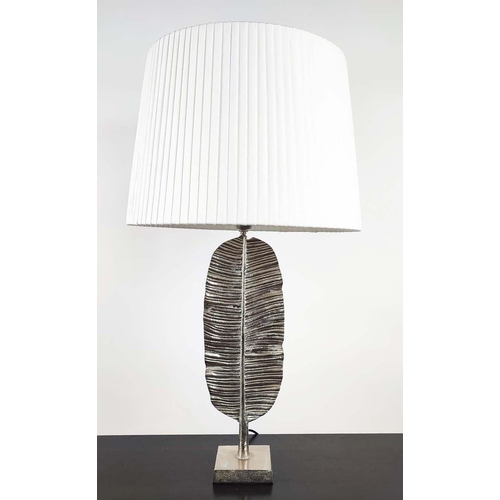 368 - TABLE LAMP, in the form of a metal feather, 79cm tall overall, including shape.