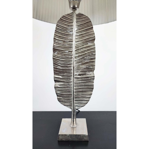 368 - TABLE LAMP, in the form of a metal feather, 79cm tall overall, including shape.