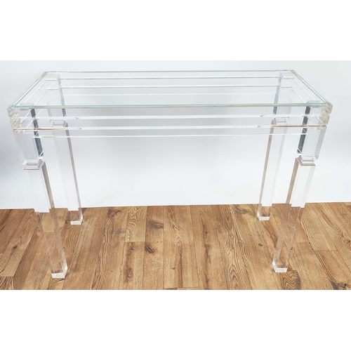 373 - GLASS AND PERSPEX CONSOLE TABLE. 102cm w x 38cm d x 79cm T