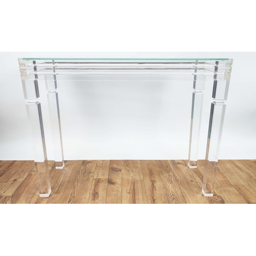 373 - GLASS AND PERSPEX CONSOLE TABLE. 102cm w x 38cm d x 79cm T