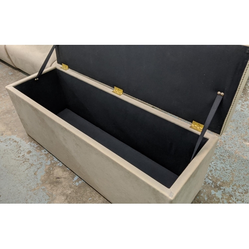 381 - OTTOMAN STORAGE BOX, 142cm x 49cm x 56cm H with a rising lid.