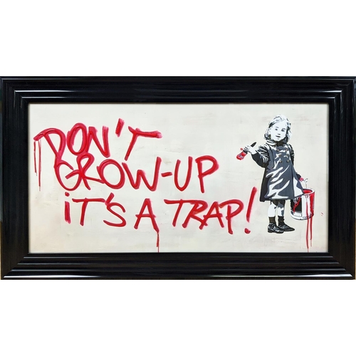 389 - CONTEMPORARY SCHOOL WALL ART, 'Don't grow up it's a trap' with relief detail, framed, 115cm x 65cm.