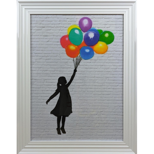 390 - CONTEMPORARY SCHOOL WALL ART, 'Balloon girl' with relief detail, framed, 95cm x 75cm.