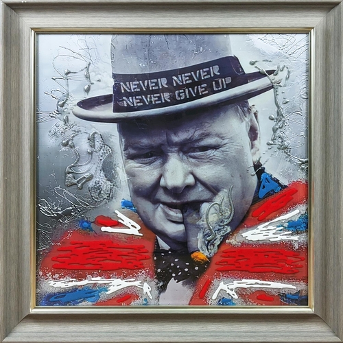 393 - CONTEMPORARY SCHOOL, 'Portrait of Churchill', with relief detail, framed, 85cm x 85cm.