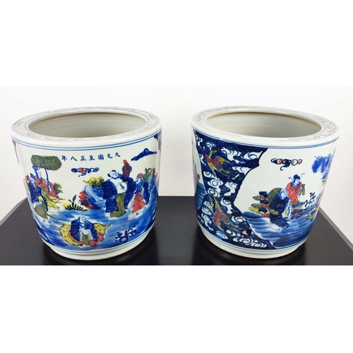 394 - PLANTERS, a pair, Chinese style glazed ceramic, 34cm diam x 30cm. (2)