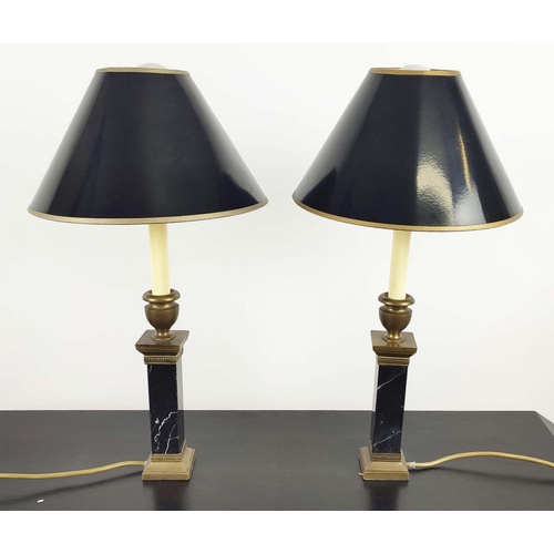 404 - TABLE LAMPS, a pair, candle stick form, with shades, 52cm H approx. (2)