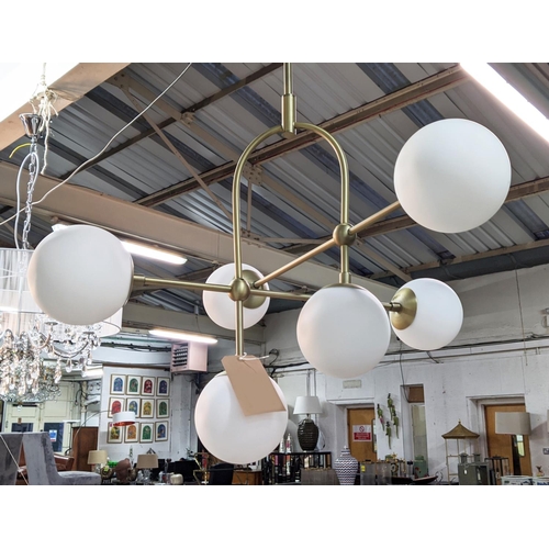 441 - CEILING LIGHT, 1950's Italian style, gilt metal, six branch, glass ball shades, 115cm drop.