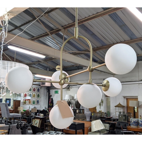 441 - CEILING LIGHT, 1950's Italian style, gilt metal, six branch, glass ball shades, 115cm drop.