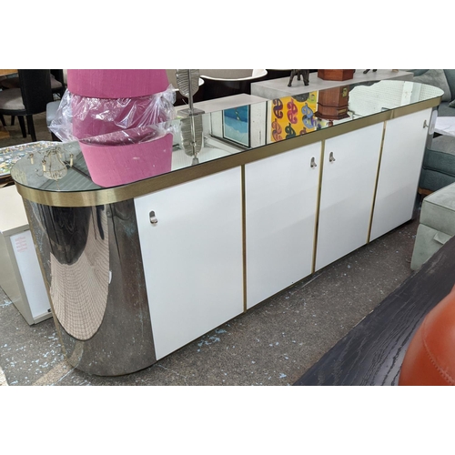 452 - SIDEBOARD, 54cm x 85cm H x 245cm L, with a mirrored top and curved ends.