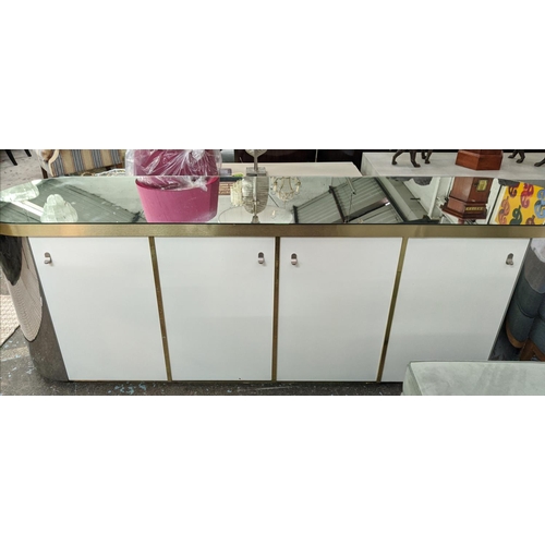 452 - SIDEBOARD, 54cm x 85cm H x 245cm L, with a mirrored top and curved ends.