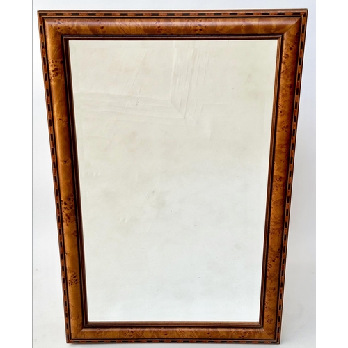 144 - WALL MIRROR, rectangular burr yewwood and inlaid frame with bevelled mirror plate, 100cm x 70cm.