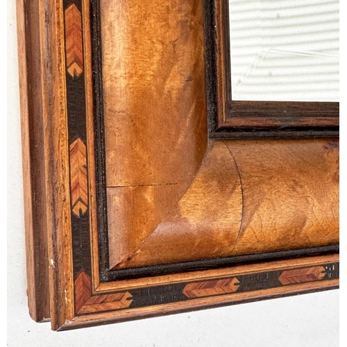 144 - WALL MIRROR, rectangular burr yewwood and inlaid frame with bevelled mirror plate, 100cm x 70cm.