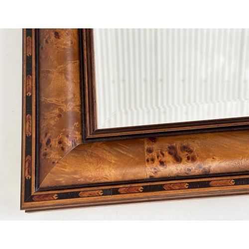 144 - WALL MIRROR, rectangular burr yewwood and inlaid frame with bevelled mirror plate, 100cm x 70cm.