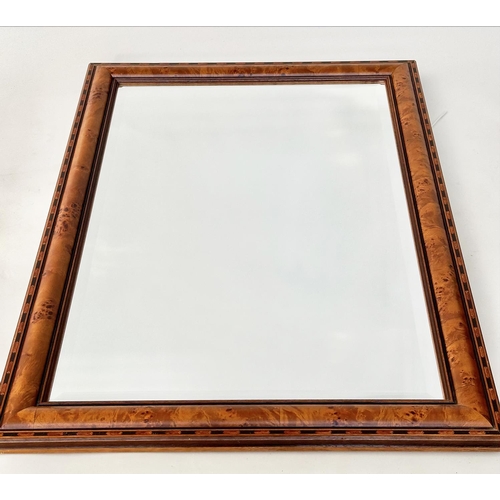 144 - WALL MIRROR, rectangular burr yewwood and inlaid frame with bevelled mirror plate, 100cm x 70cm.