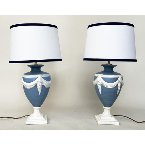 150 - TABLE LAMPS, a pair, Wedgwood jasperware  style of vase form with shades, 70cm H.