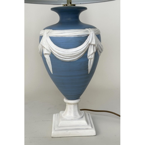 150 - TABLE LAMPS, a pair, Wedgwood jasperware  style of vase form with shades, 70cm H.