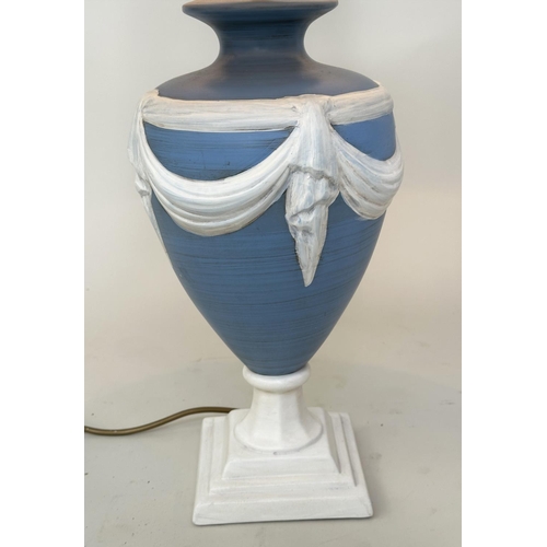 150 - TABLE LAMPS, a pair, Wedgwood jasperware  style of vase form with shades, 70cm H.