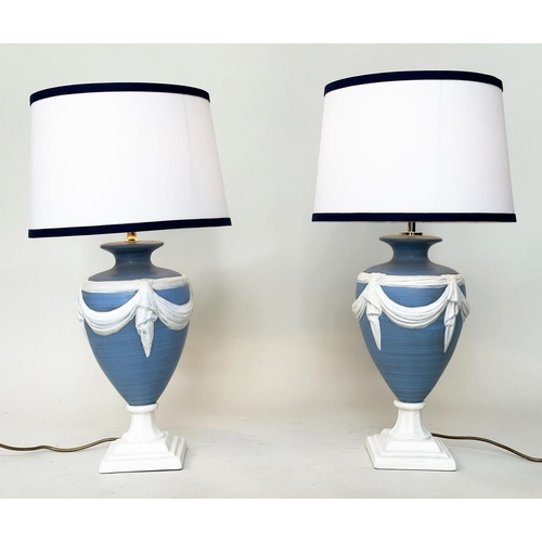 150 - TABLE LAMPS, a pair, Wedgwood jasperware  style of vase form with shades, 70cm H.