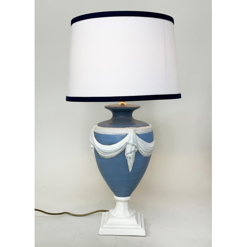 150 - TABLE LAMPS, a pair, Wedgwood jasperware  style of vase form with shades, 70cm H.