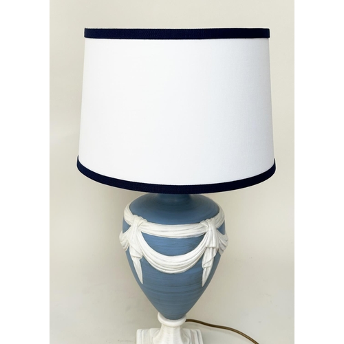 150 - TABLE LAMPS, a pair, Wedgwood jasperware  style of vase form with shades, 70cm H.