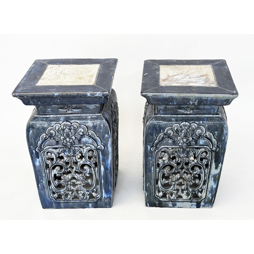 152 - STANDS, a pair, Moorish style indigo glazed blue ceramic with pierced side panels, 38cm x 38cm x 60c... 